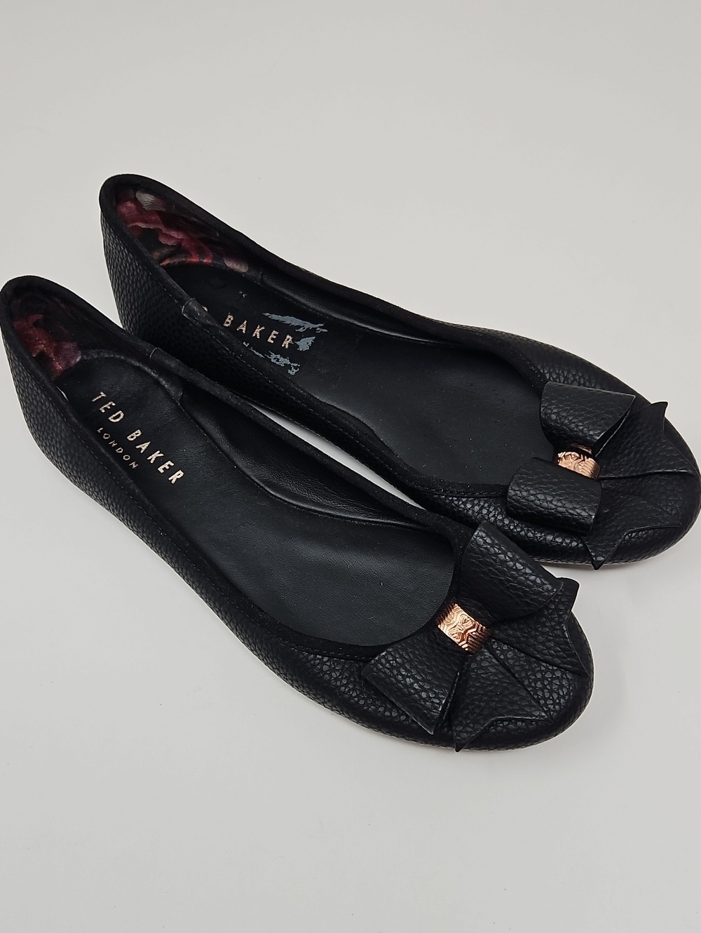 Ted Baker Black Leather Bow Flats with Rose-Gold Accent